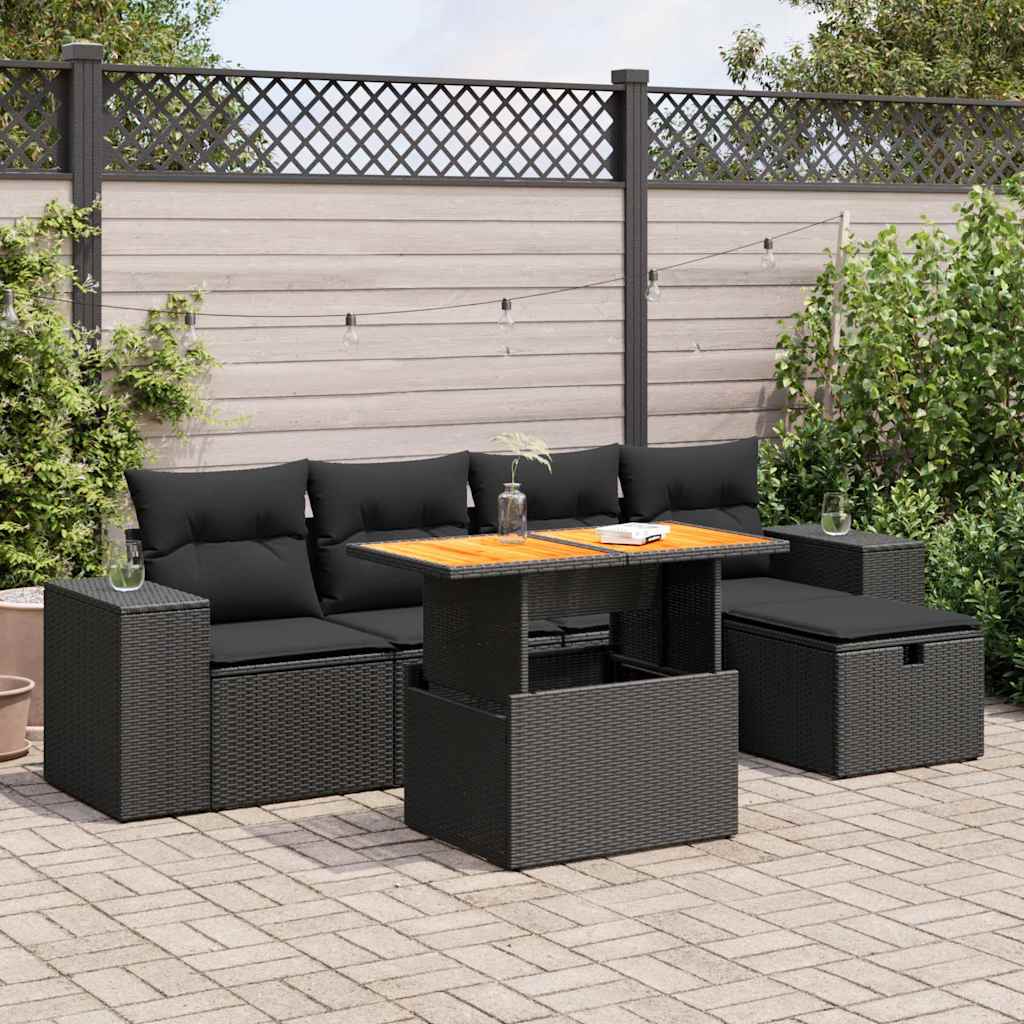 vidaXL 6-delige Loungeset met kussens poly rattan zwart