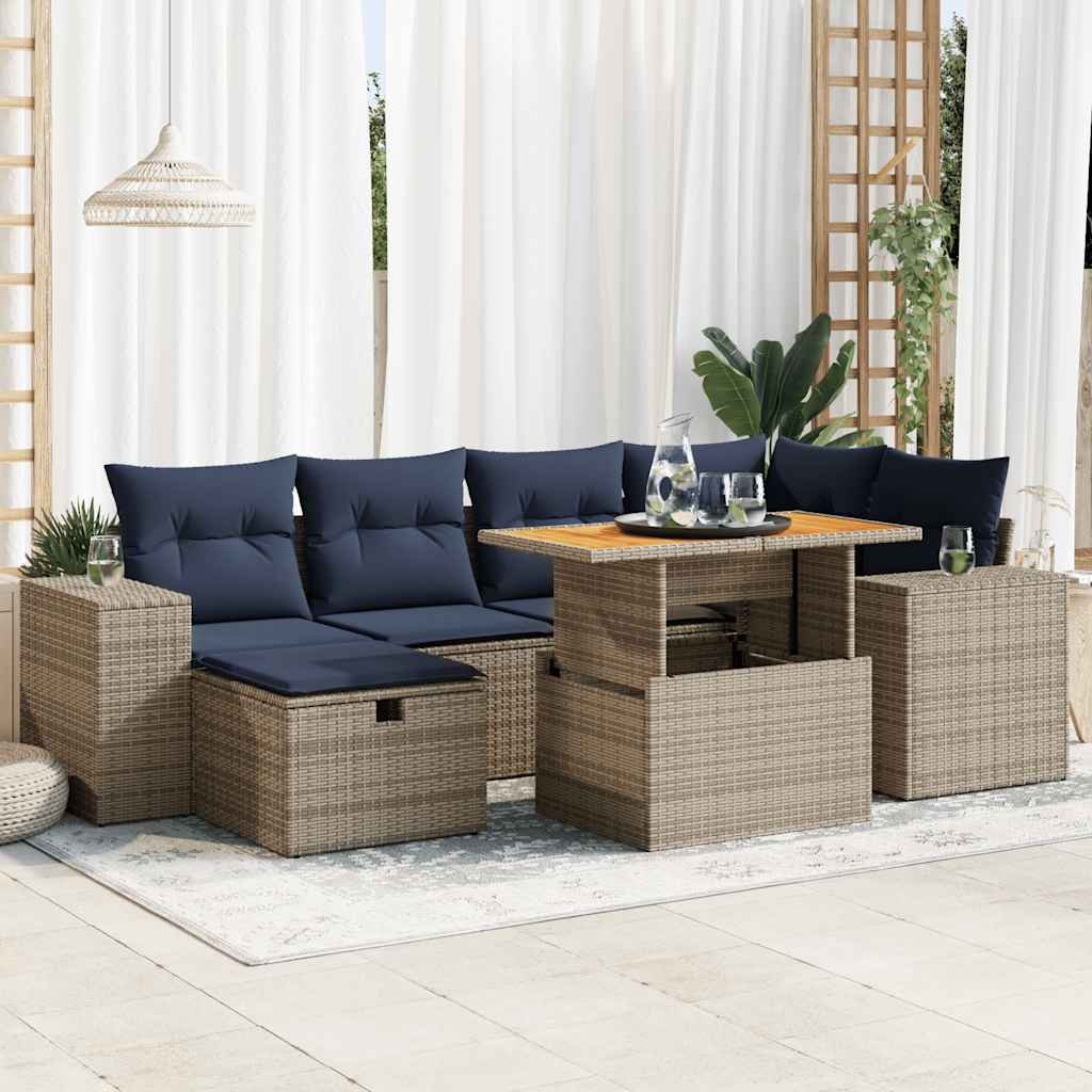 vidaXL 7-delige Loungeset met kussens poly rattan acacia grijs