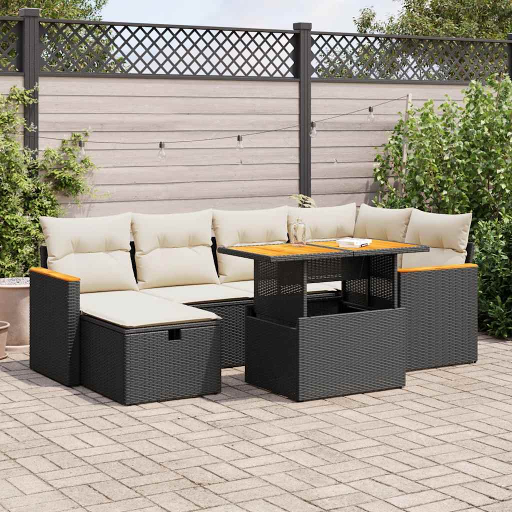 vidaXL 7-delige Loungeset met kussens poly rattan zwart