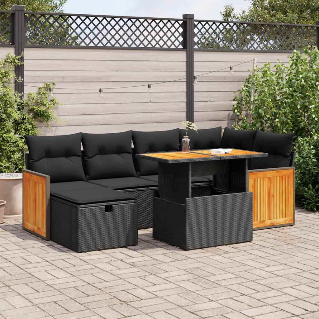 vidaXL 7-delige Loungeset met kussens poly rattan zwart