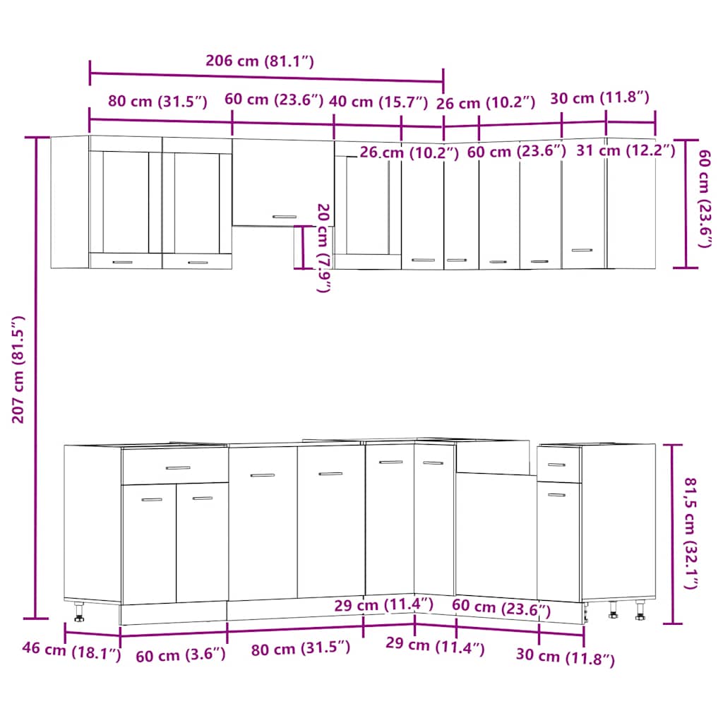 vidaXL 11-Piece Kitchen Cabinet Set Lyon Engineered Wood Old Wood Colour