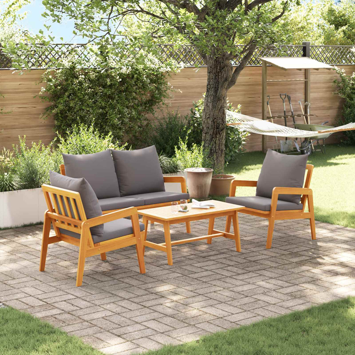 vidaXL Bistroset met kussen 4 pcs Bruin en Crème Massief Acacia Hout