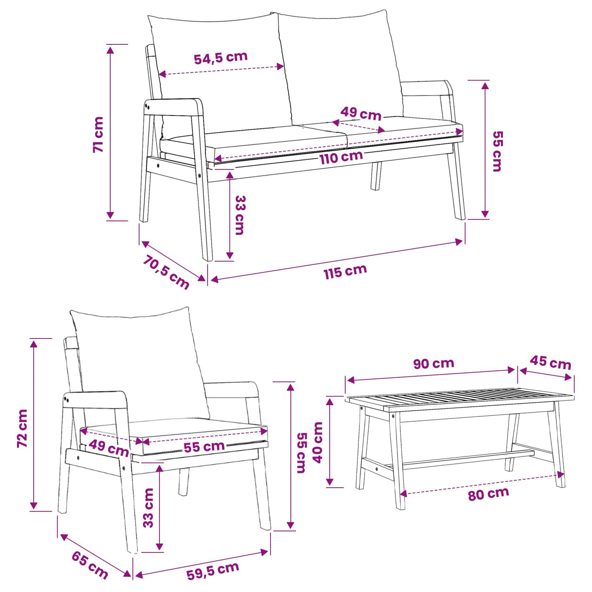 vidaXL Bistroset met kussen 4 pcs Bruin en Crème Massief Acacia Hout
