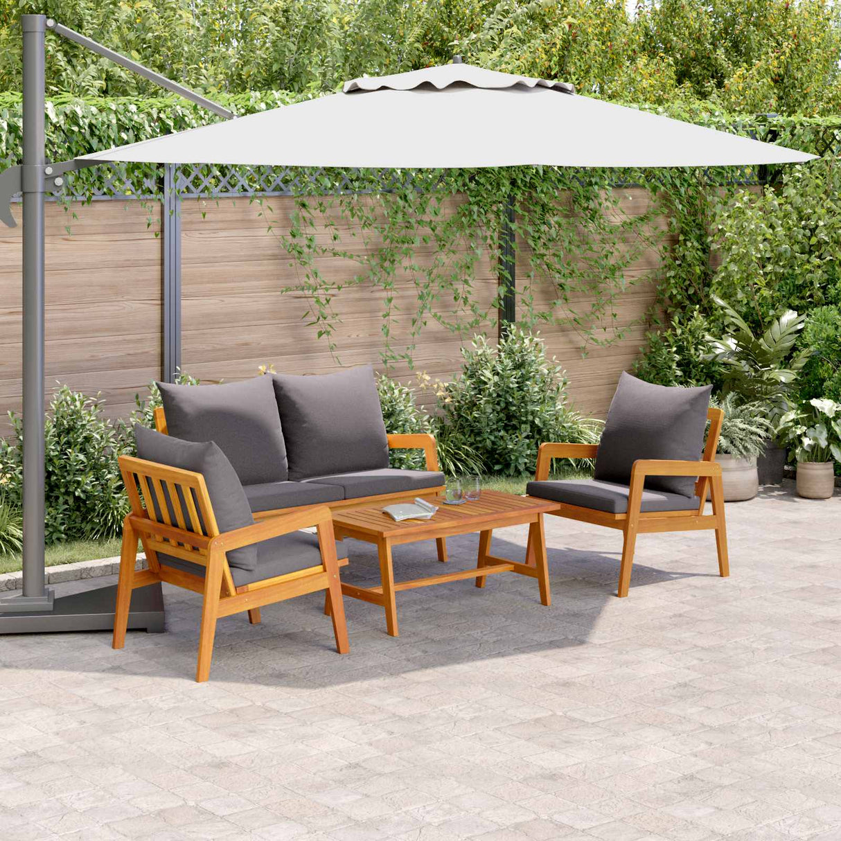 vidaXL Bistroset met kussen 4 pcs Bruin en Crème Massief Acacia Hout