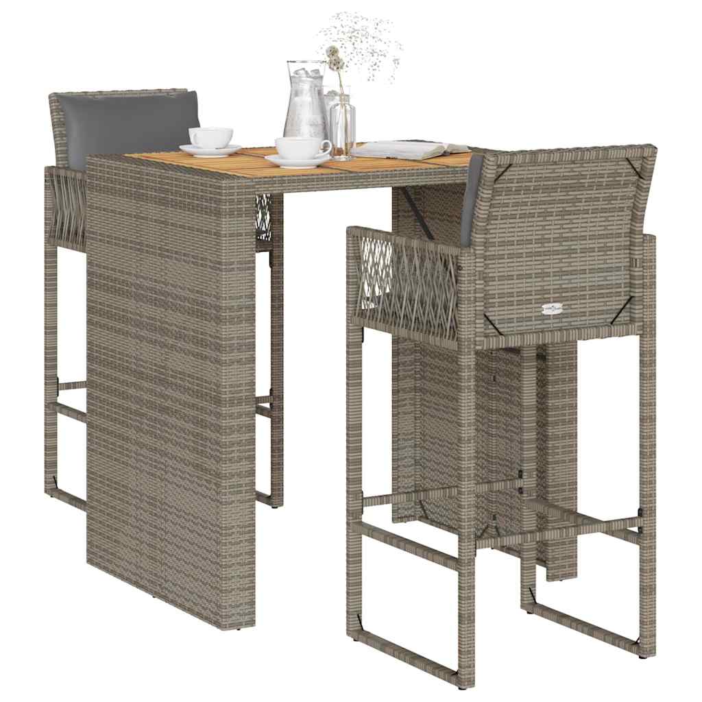 vidaXL 3-Piece Garden Bar Set with Cushions Poly Rattan Acacia Black