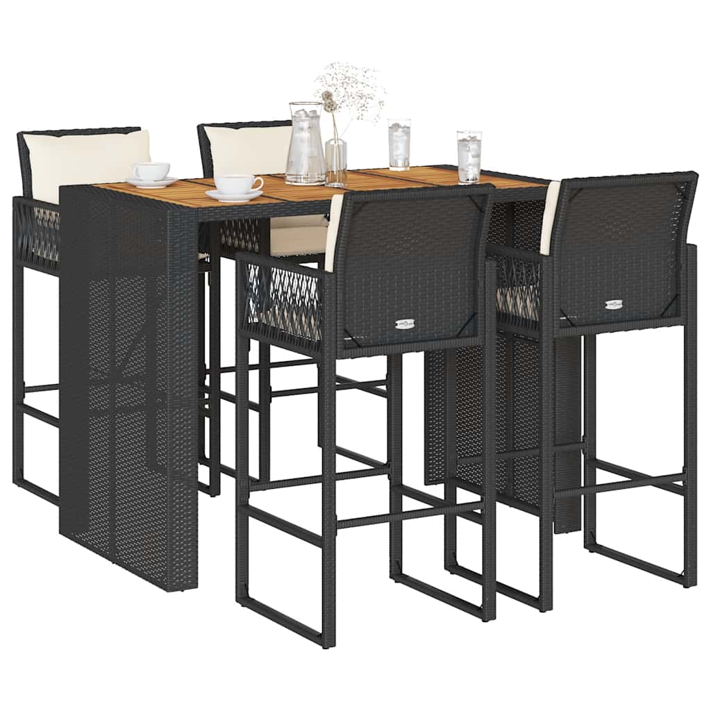 vidaXL 3-Piece Garden Bar Set with Cushions Poly Rattan Acacia Black