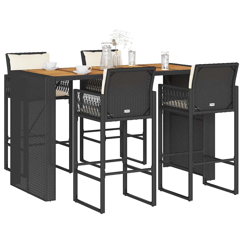 vidaXL 3-Piece Garden Bar Set with Cushions Poly Rattan Acacia Black