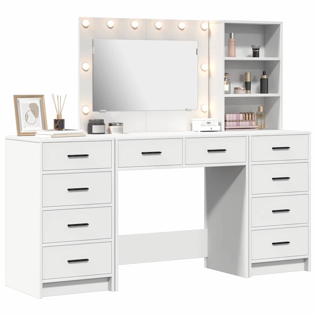 vidaXL Kaptafel met spiegellichten met lade 3 pcs Wit Bewerkt hout