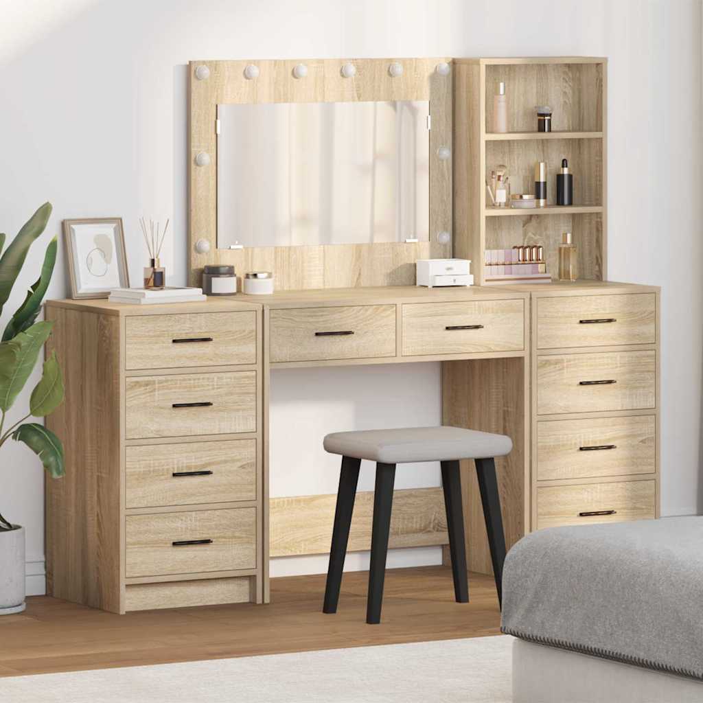 vidaXL Kaptafel met spiegellichten met lade 3 pcs Wit Bewerkt hout