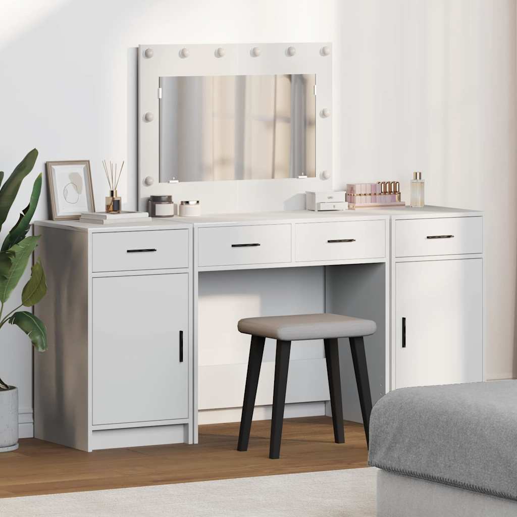 vidaXL Kaptafel met spiegellichten met lade 3 pcs Wit Bewerkt hout