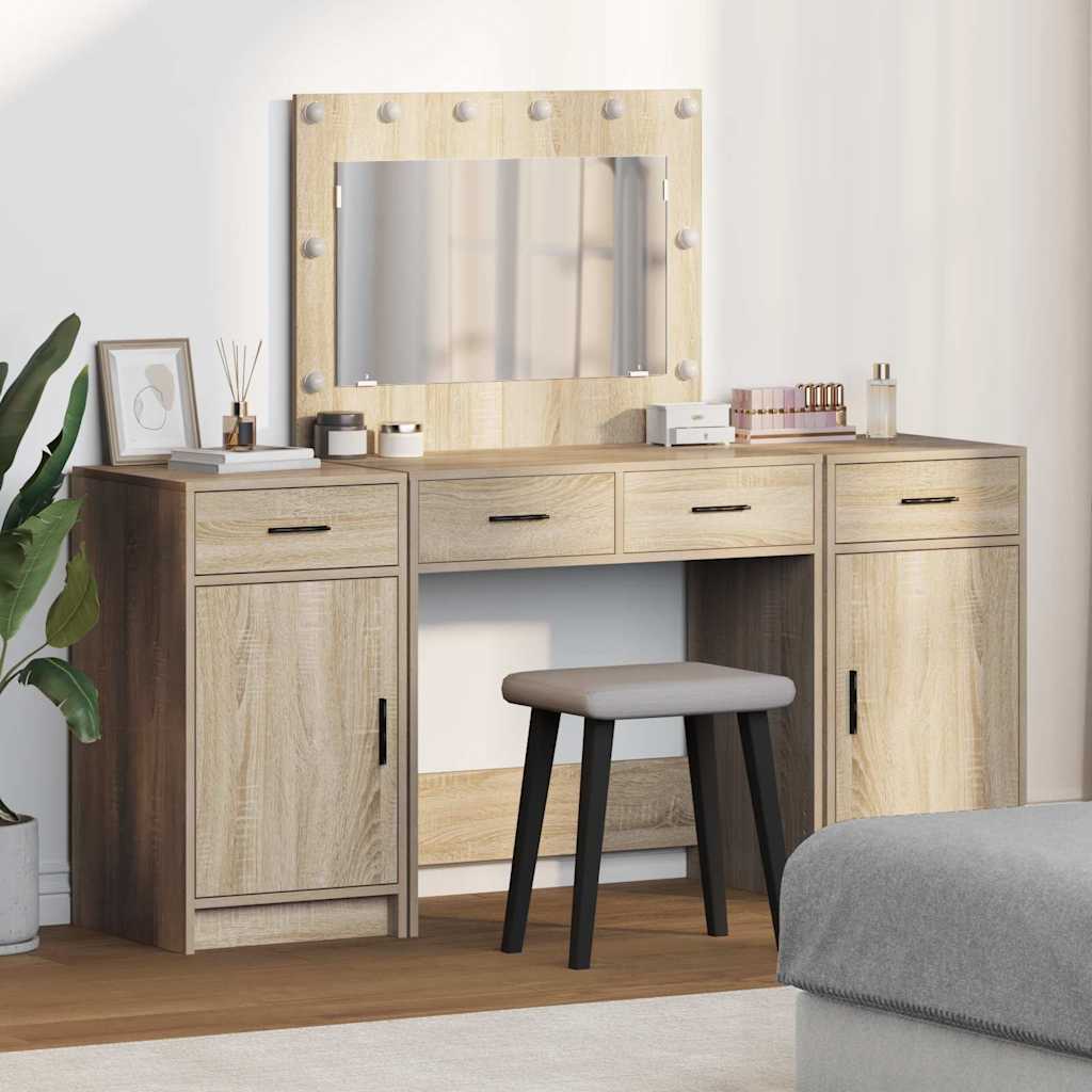 vidaXL Kaptafel met spiegellichten met lade 3 pcs Wit Bewerkt hout