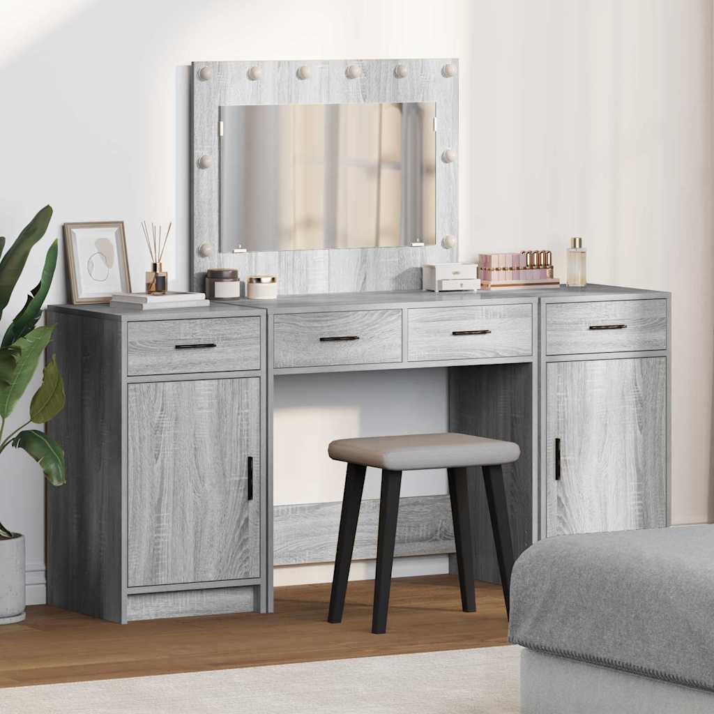 vidaXL Kaptafel met spiegellichten met lade 3 pcs Wit Bewerkt hout