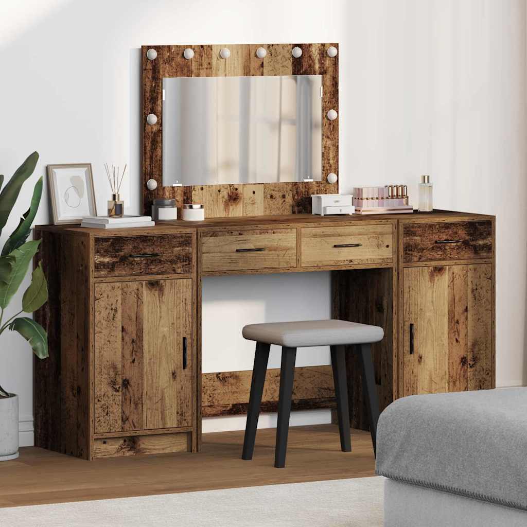 vidaXL Kaptafel met spiegellichten met lade 3 pcs Wit Bewerkt hout