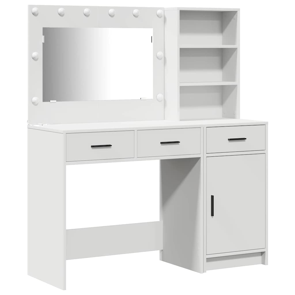 vidaXL Dressing Table with Mirror Lights with Drawer 2 pcs White Engineered Wood