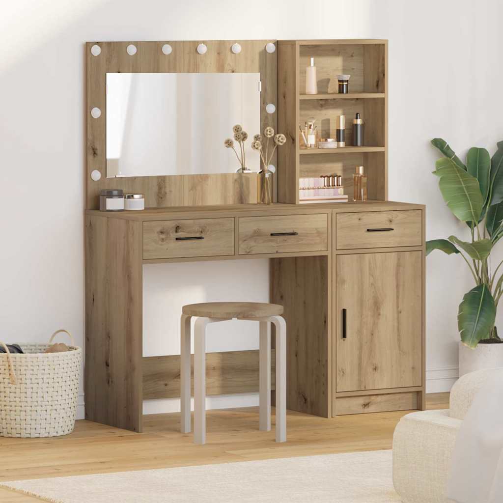 vidaXL Dressing Table with Mirror Lights with Drawer 2 pcs White Engineered Wood