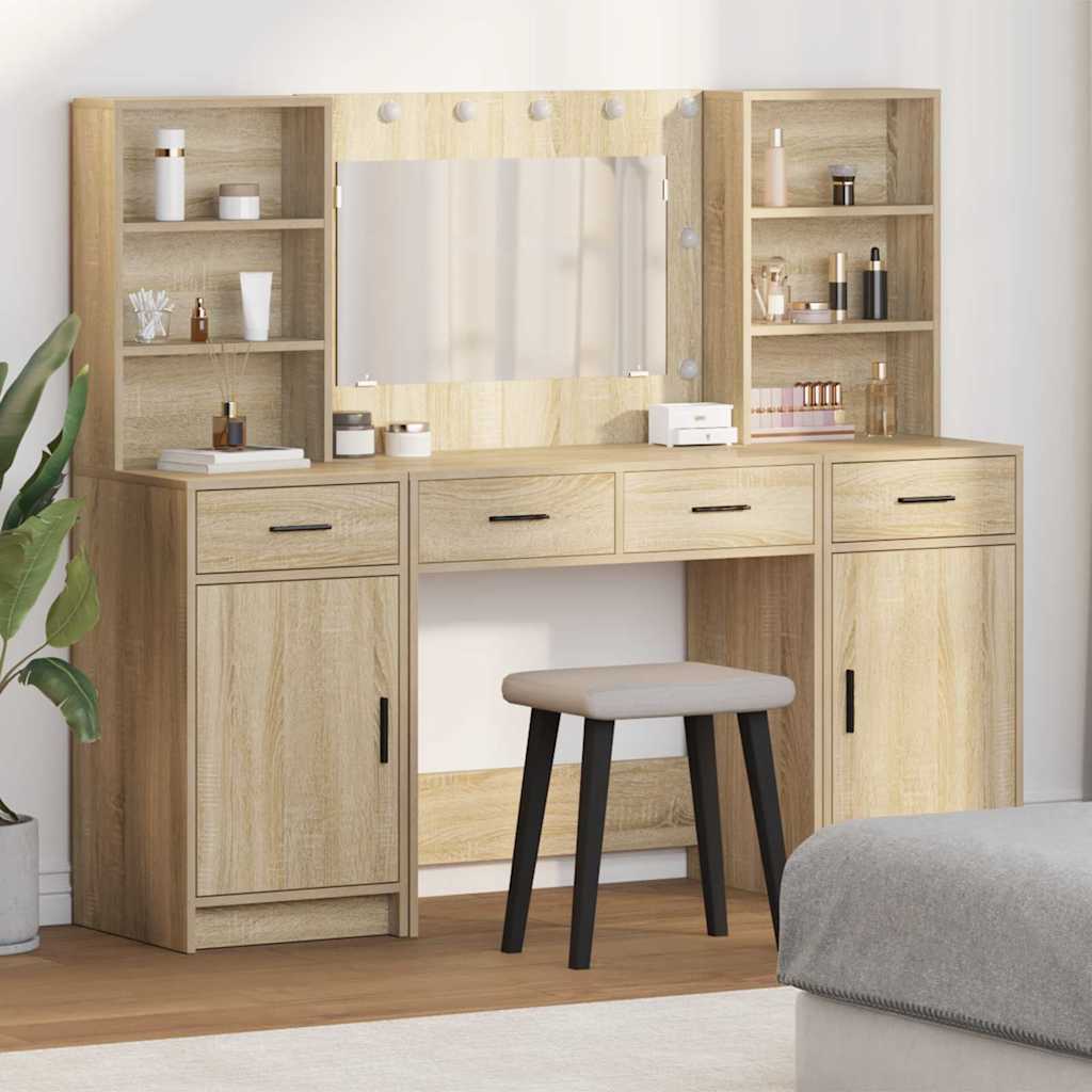 vidaXL Dressing Table Set with LED with Drawer 3 pcs White Engineered wood