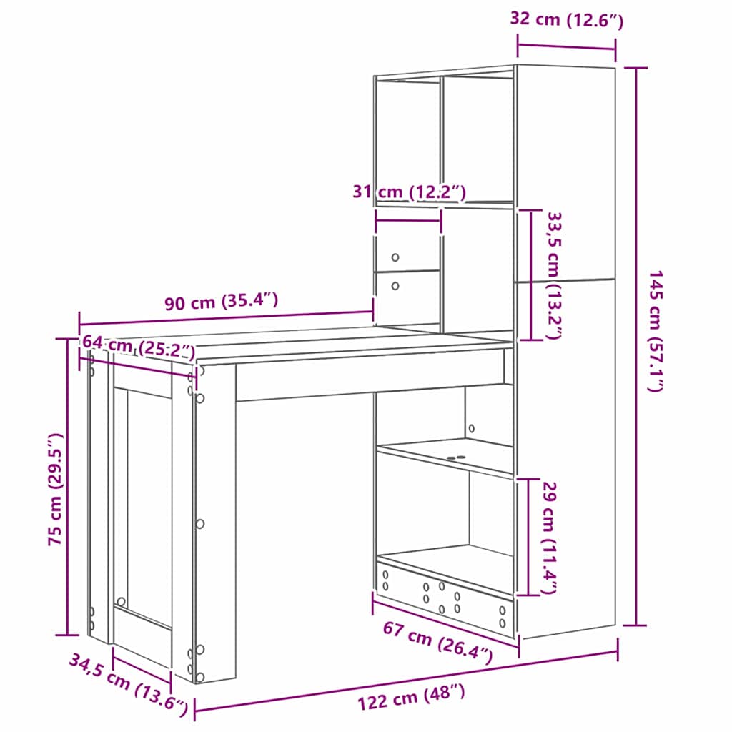 vidaXL Bureau met plank met opslag Wit 122 x 67 x 145 cm Bewerkt hout
