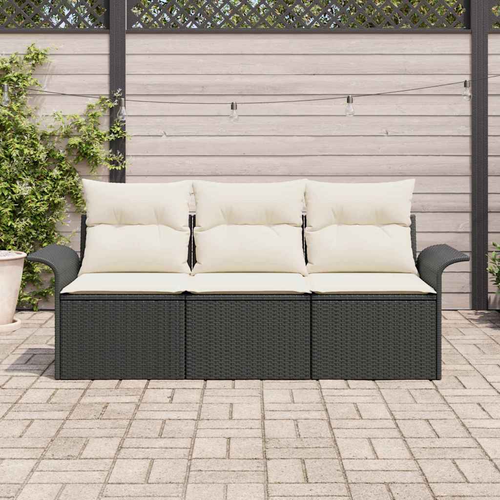 vidaXL Bankstel met kussen 3 pcs Zwart poly rattan