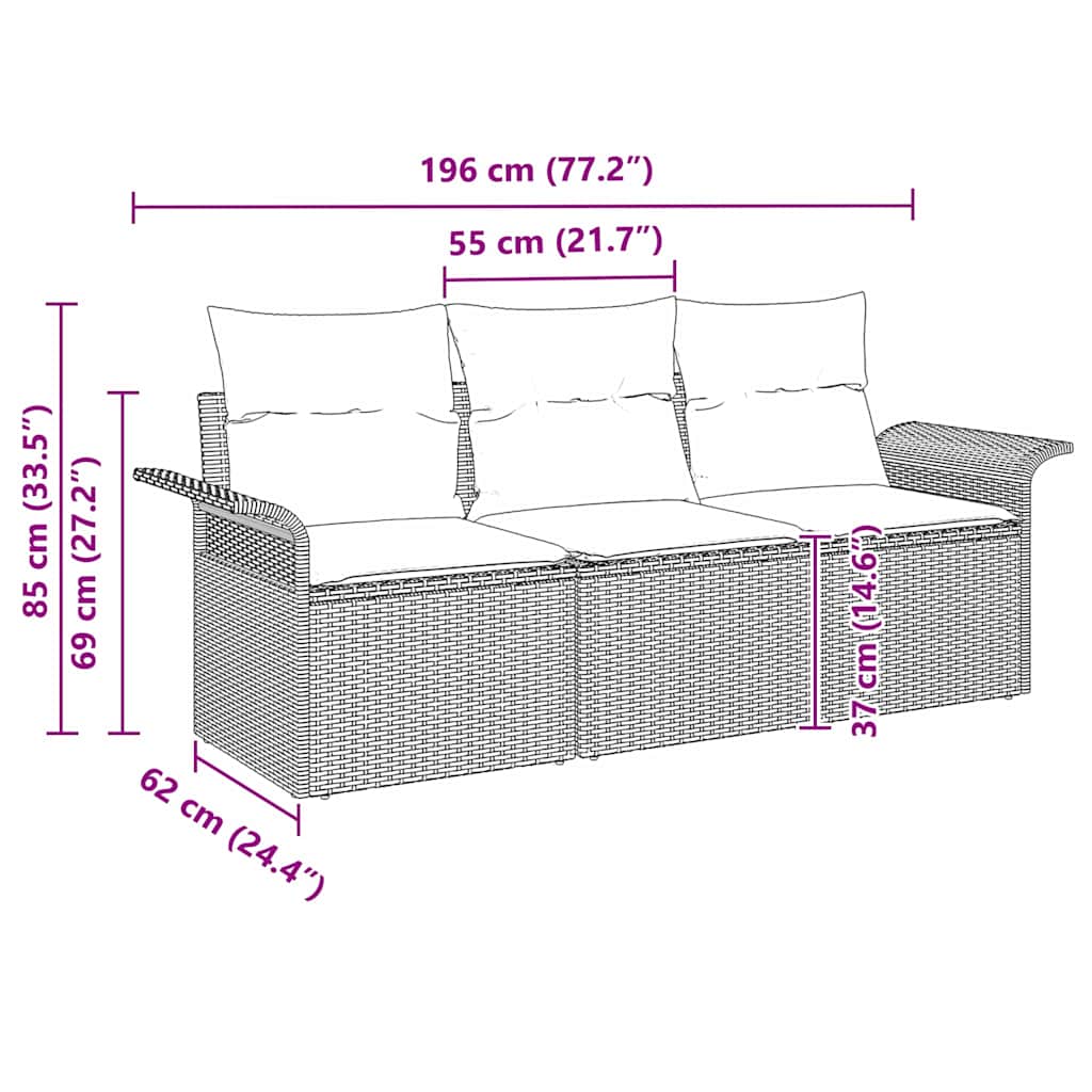 vidaXL Bankstel met kussen 3 pcs Zwart poly rattan