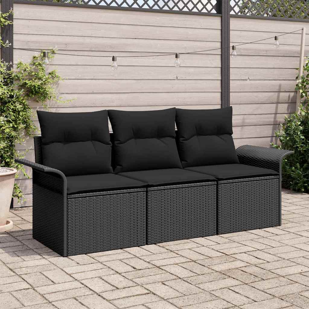 vidaXL Bankstel met kussen 3 pcs Zwart poly rattan