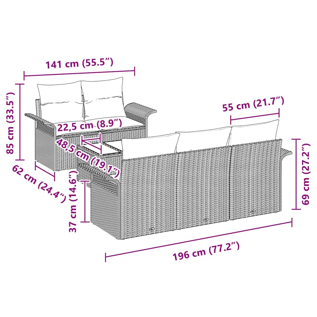vidaXL Bankstel met kussen 6 pcs Zwart poly rattan