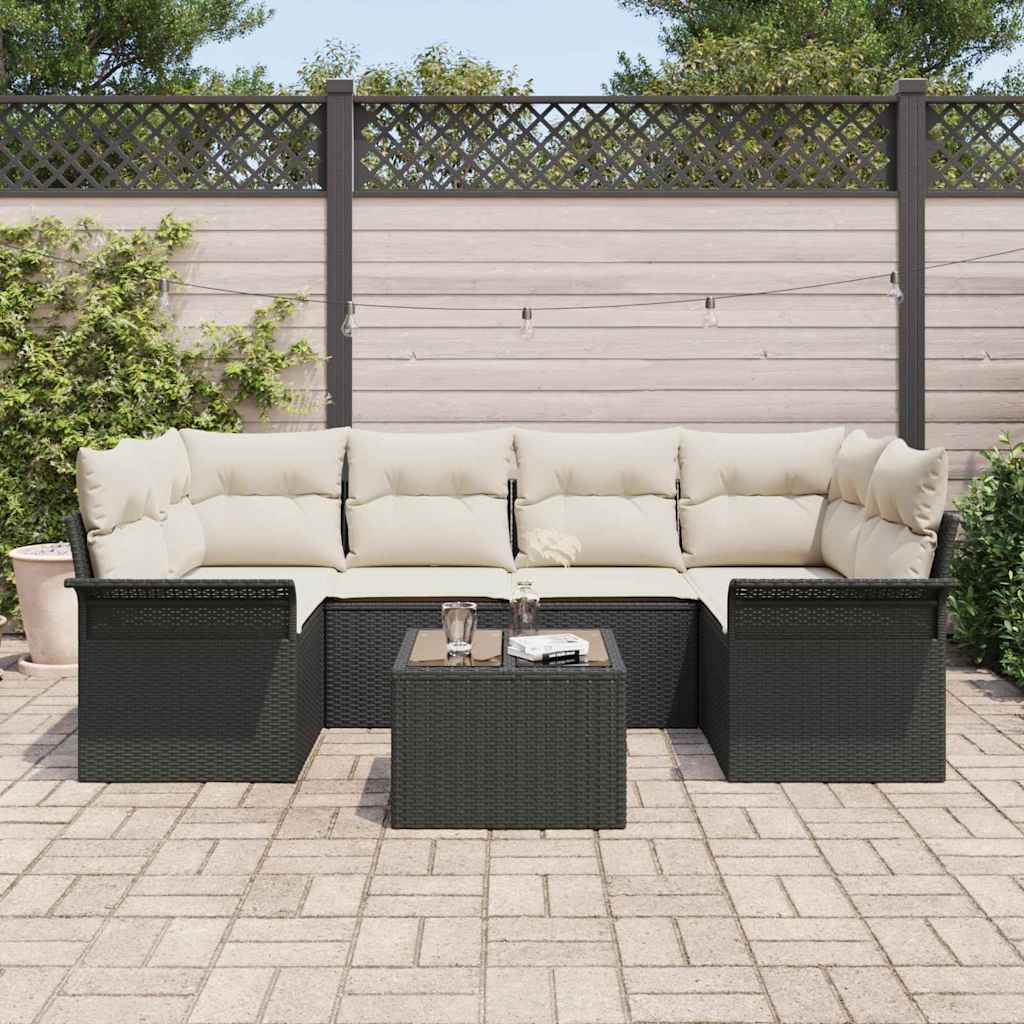 vidaXL Tuinbank Set met kussen 7 pcs Zwart poly rattan