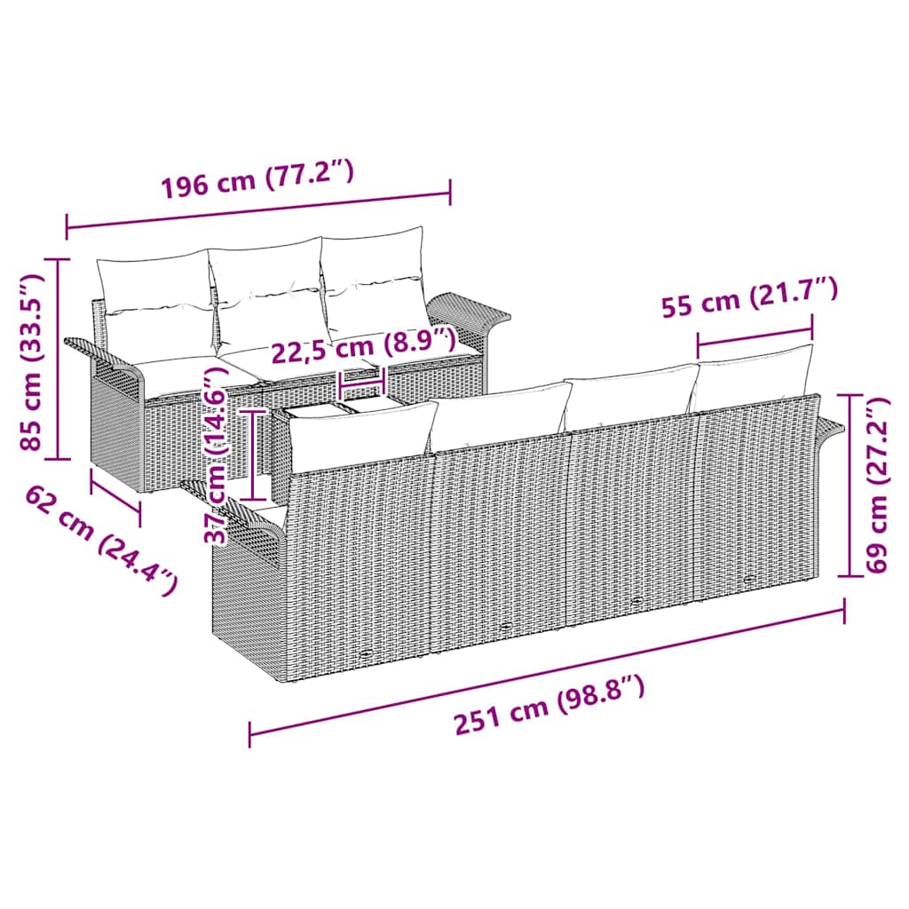 vidaXL Tuinbank Set met kussen 8 pcs Zwart poly rattan