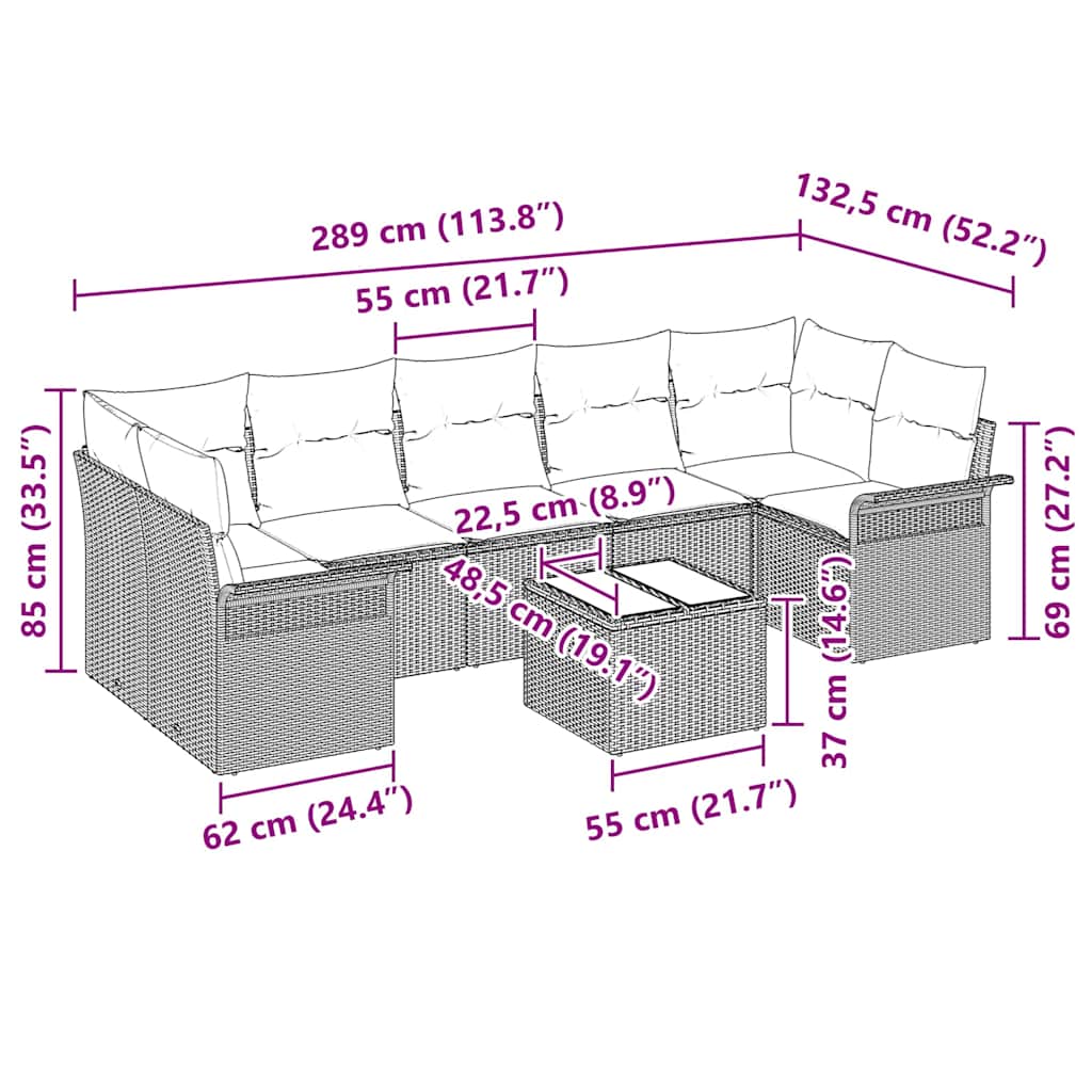 vidaXL Tuinbank Set met kussen 8 pcs Zwart poly rattan