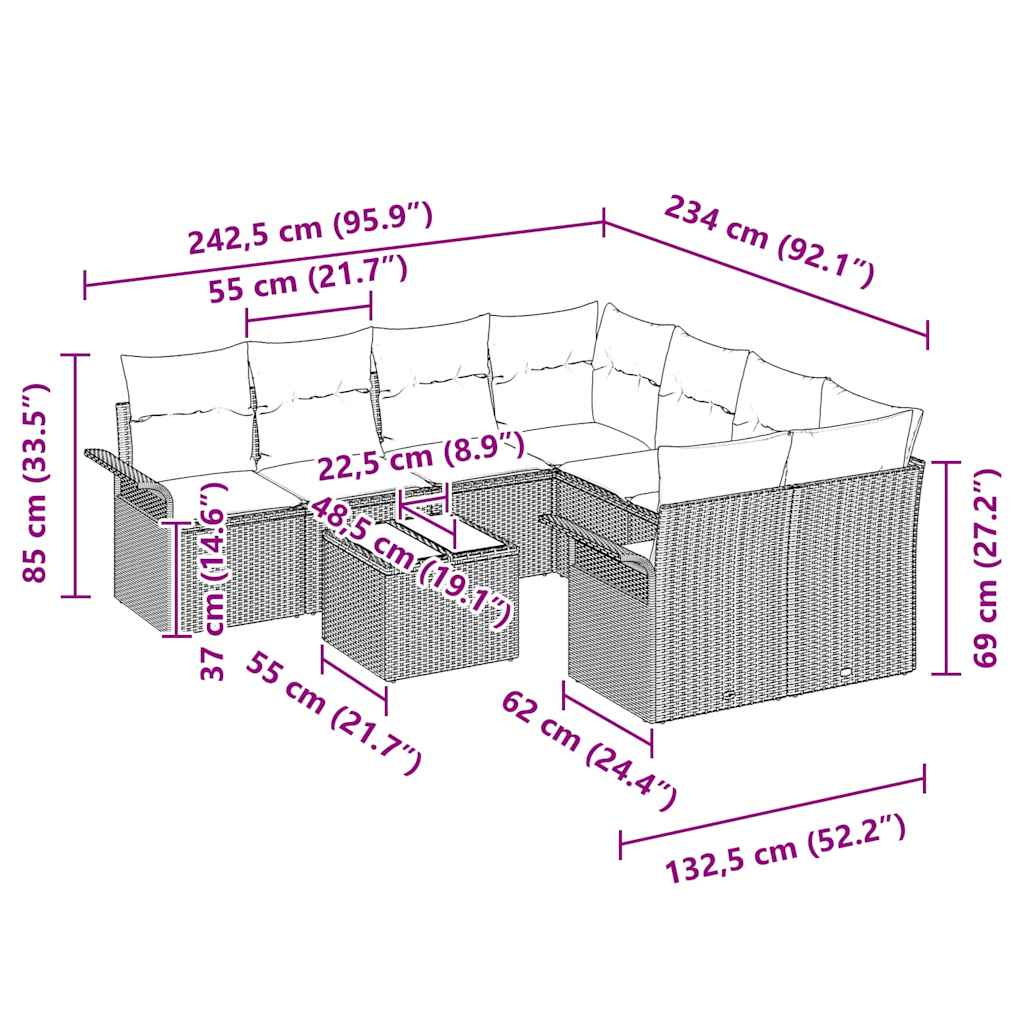 vidaXL Tuinbank Set 9 pcs Zwart Poly rattan
