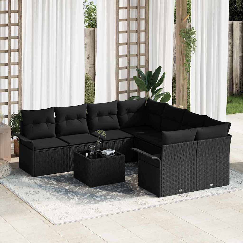 vidaXL Tuinbank Set 9 pcs Zwart Poly rattan