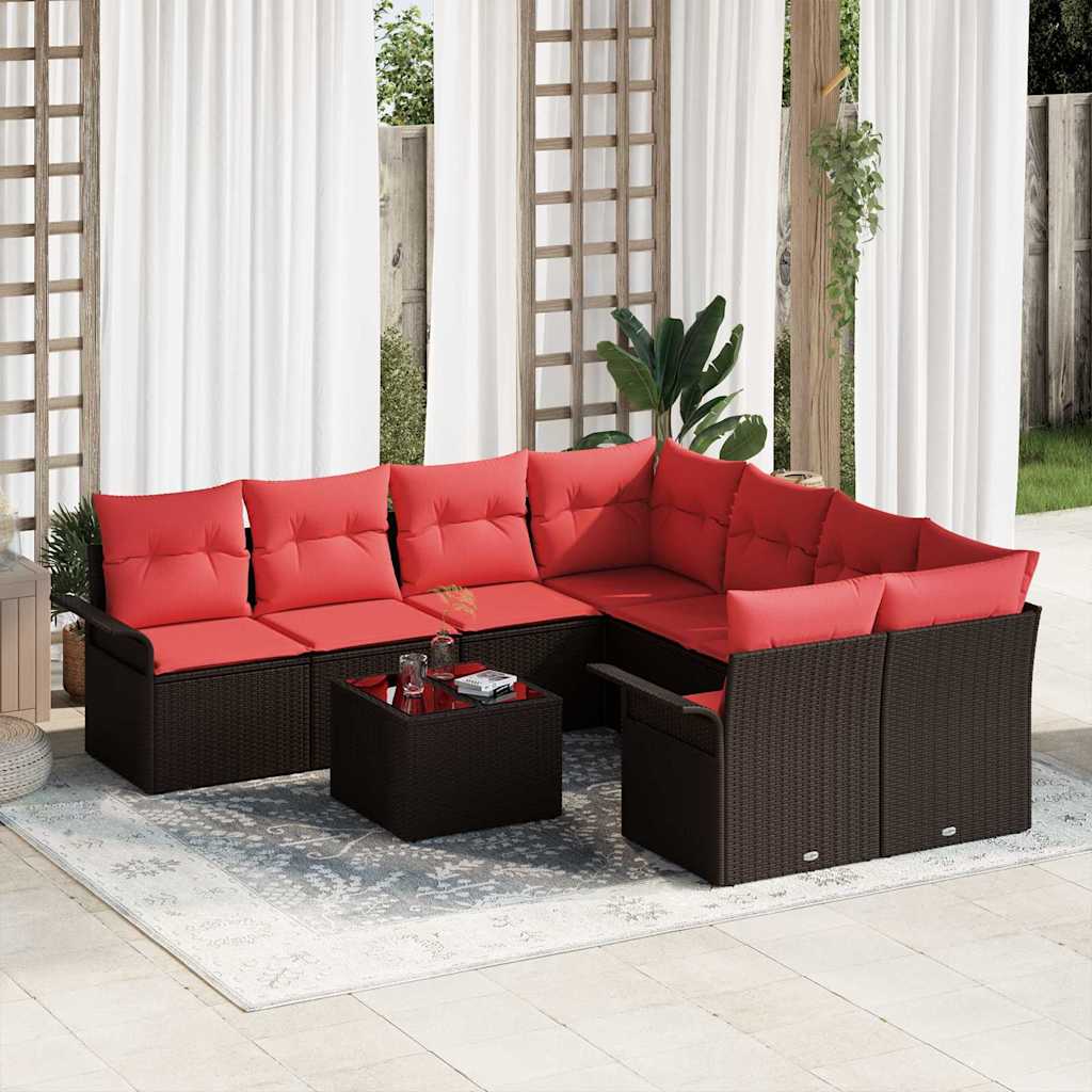 vidaXL Garden Sofa Set with Cushions 9 pcs Brown and Red Poly Rattan