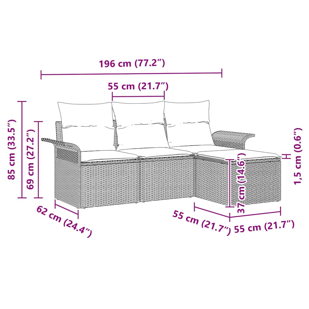 vidaXL Bankstel met kussen 4 pcs Zwart en Crème poly rattan