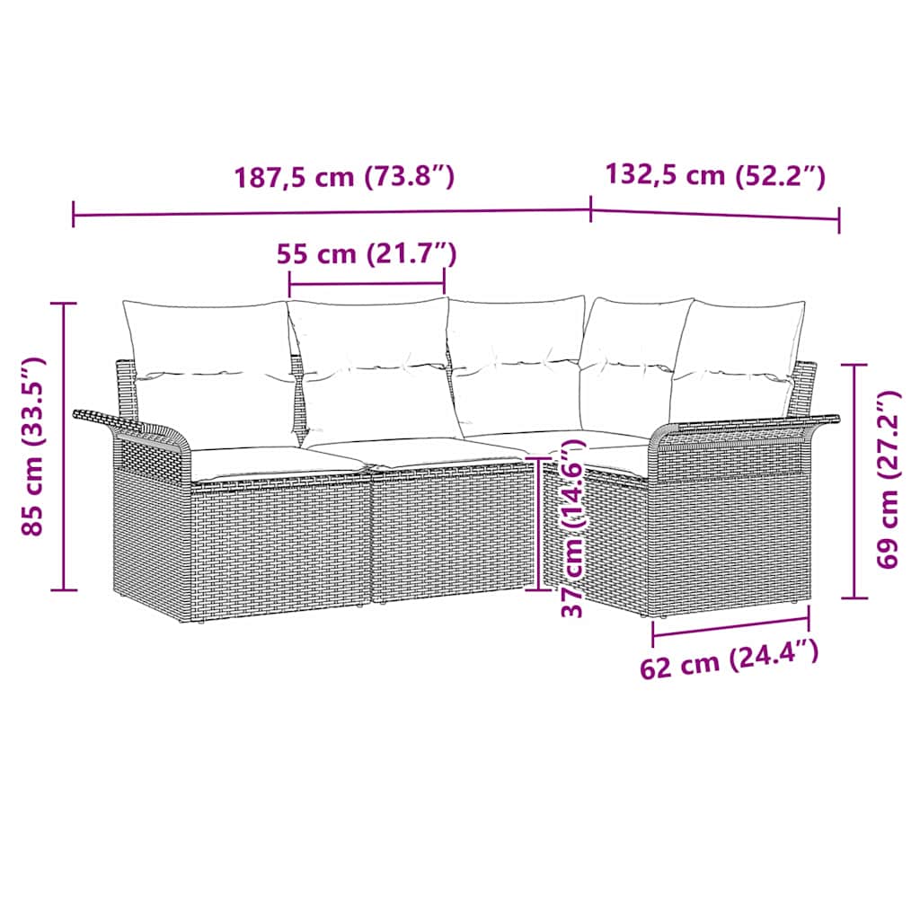 vidaXL Tuinbank Set met kussen 4 pcs Zwart poly rattan