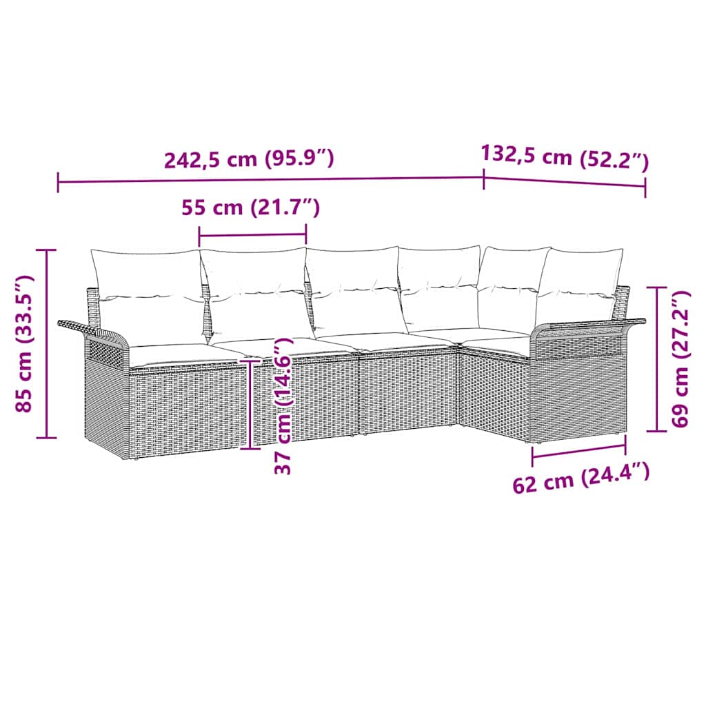 vidaXL Tuinbank Set met kussen 5 pcs Zwart poly rattan