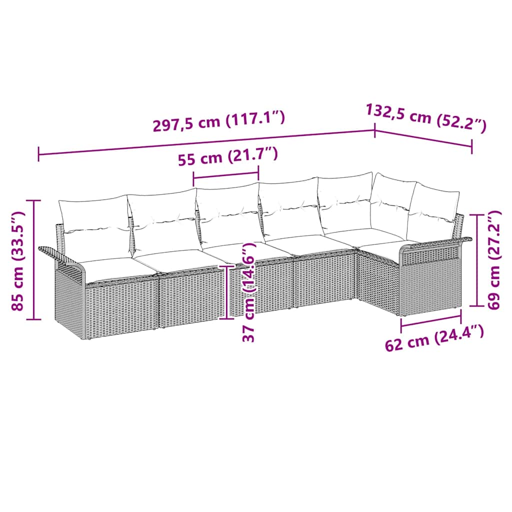 vidaXL Tuinbank Set met kussen 6 pcs Zwart poly rattan