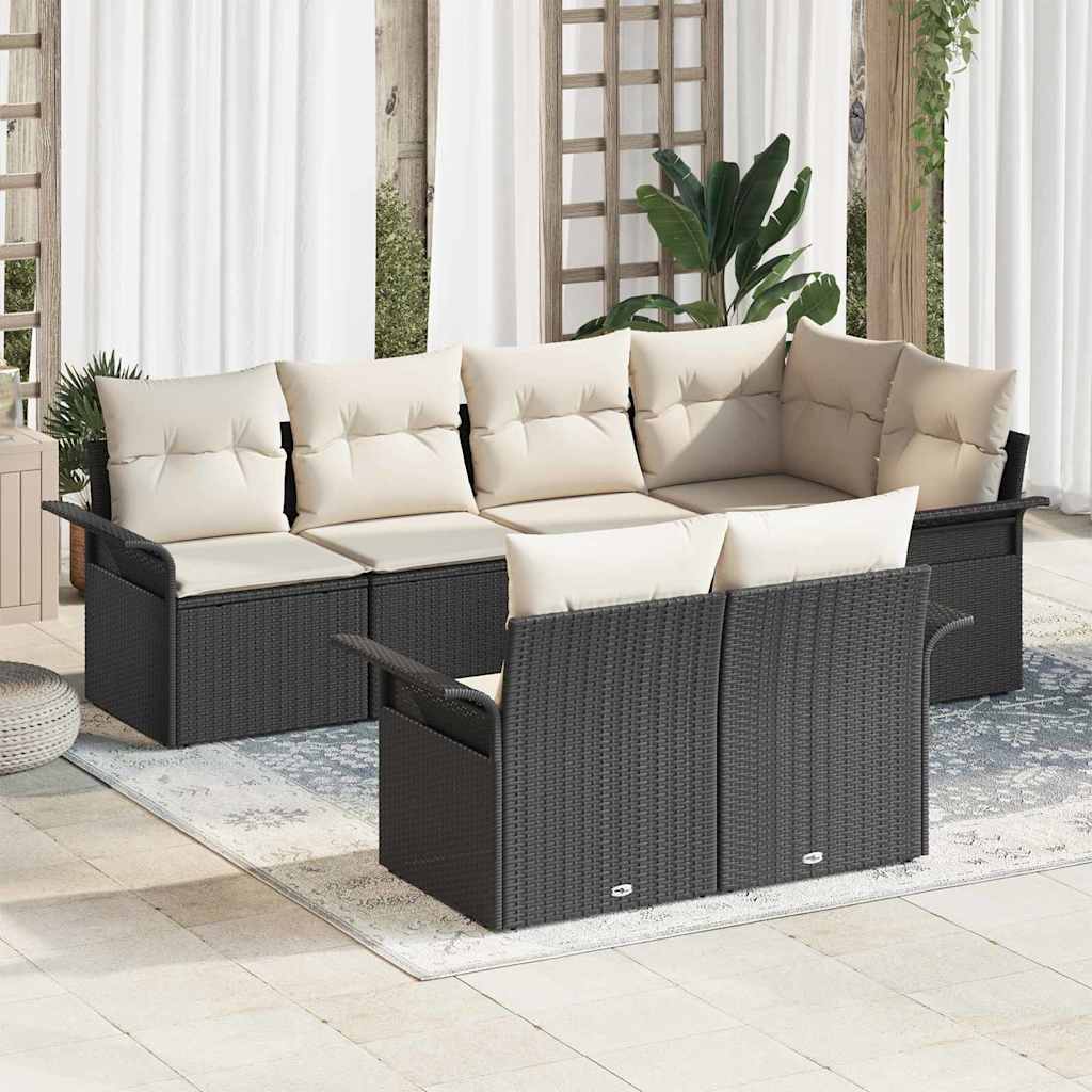 vidaXL Tuinbank Set met kussen 7 pcs Zwart poly rattan