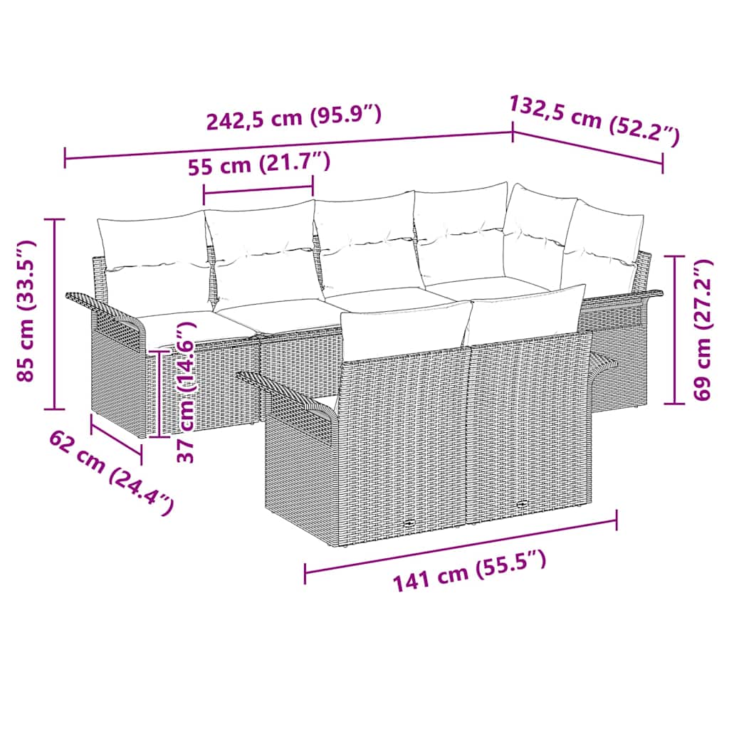 vidaXL Tuinbank Set met kussen 7 pcs Zwart poly rattan