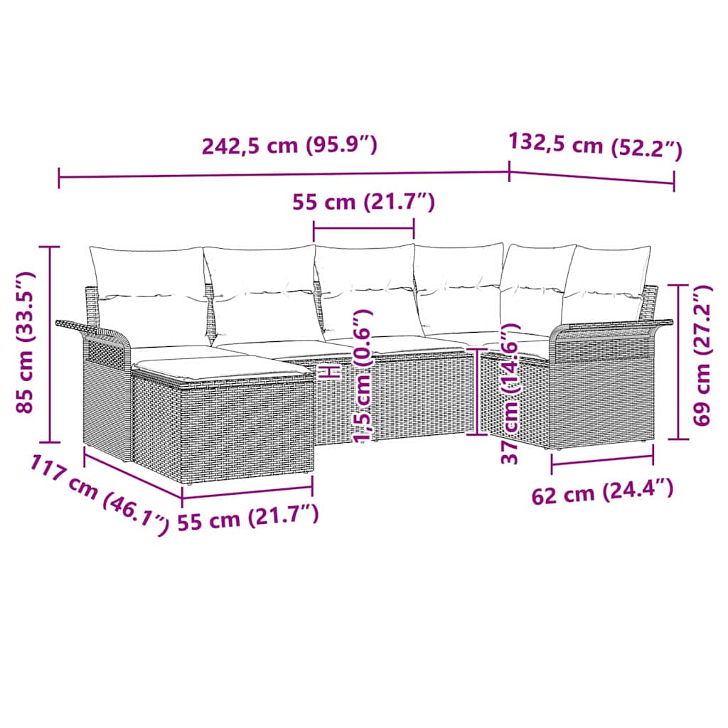 vidaXL Tuinbank Set met kussen 6 pcs Zwart poly rattan