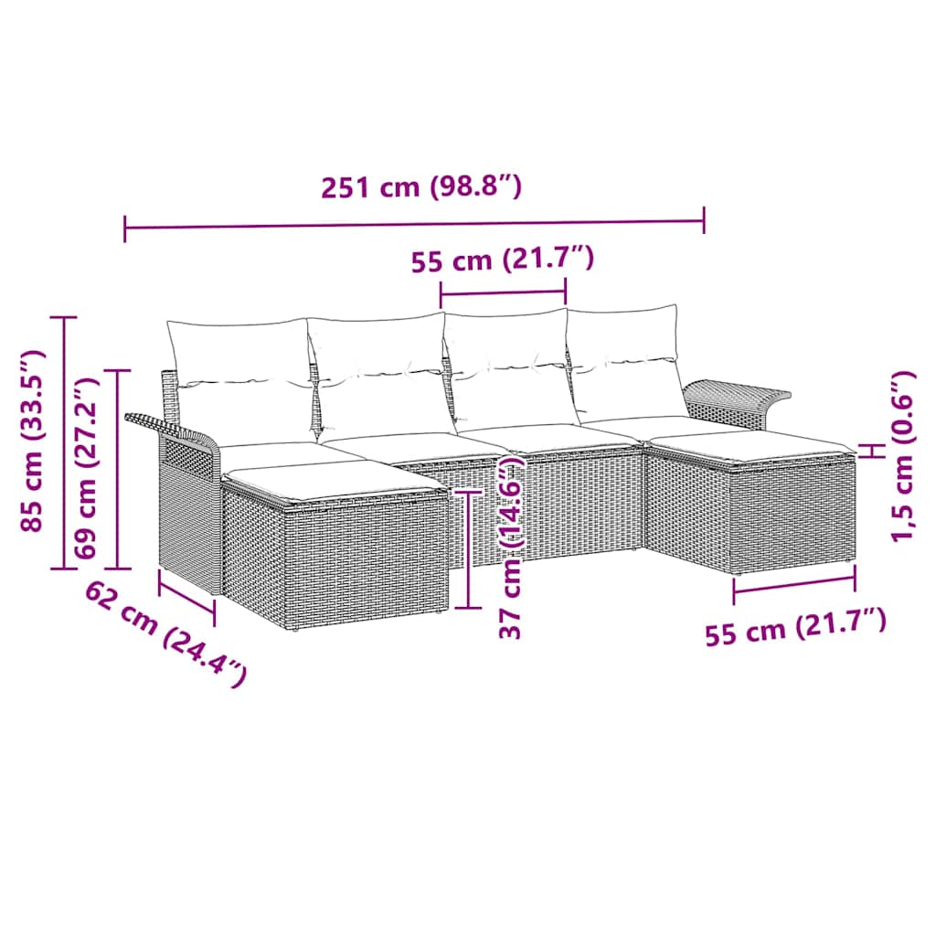 vidaXL Tuinbank Set met kussen 6 pcs Zwart poly rattan