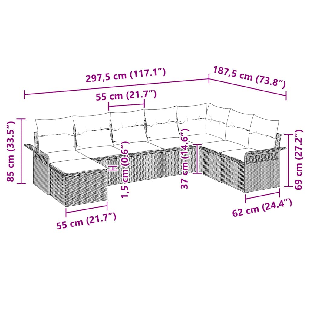 vidaXL Tuinbank Set met kussen 8 pcs Zwart poly rattan