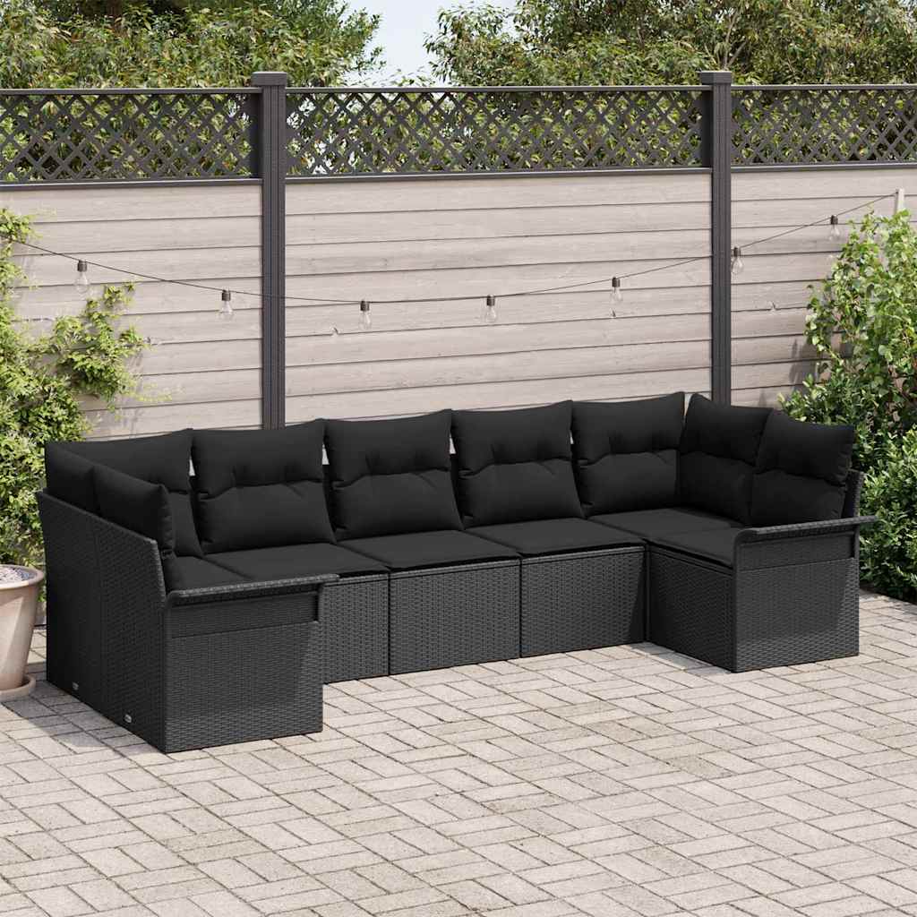 vidaXL Tuinbank Set met kussen 7 pcs Zwart poly rattan