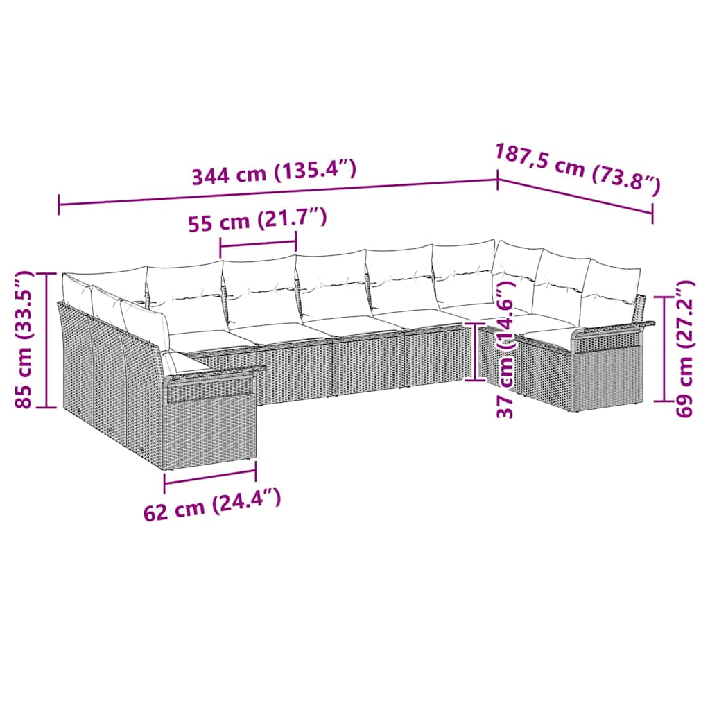 vidaXL Tuinbank Set met kussen 10 pcs Zwart poly rattan