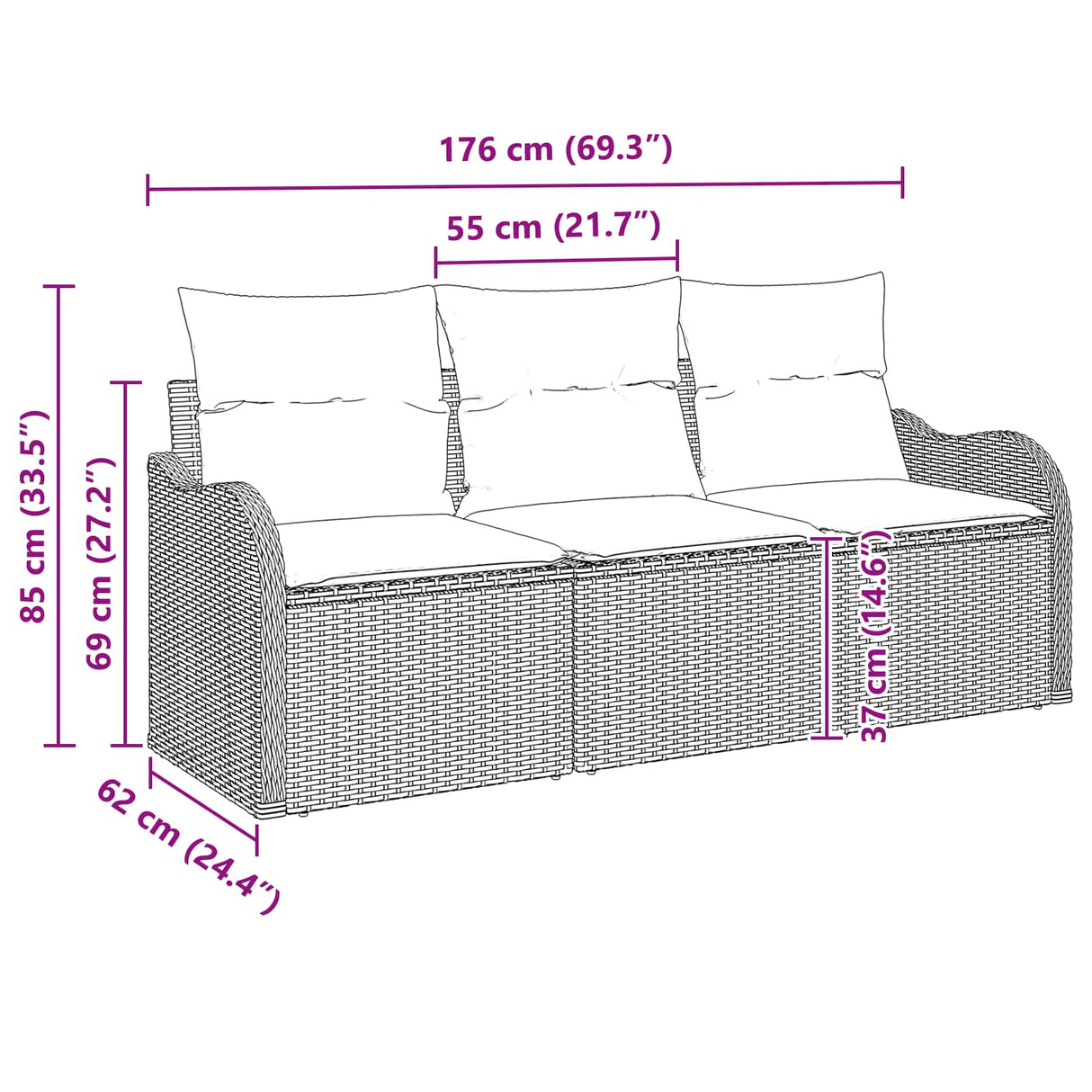 vidaXL Tuinbank Set met kussen 3 pcs Bruin Poly rattan