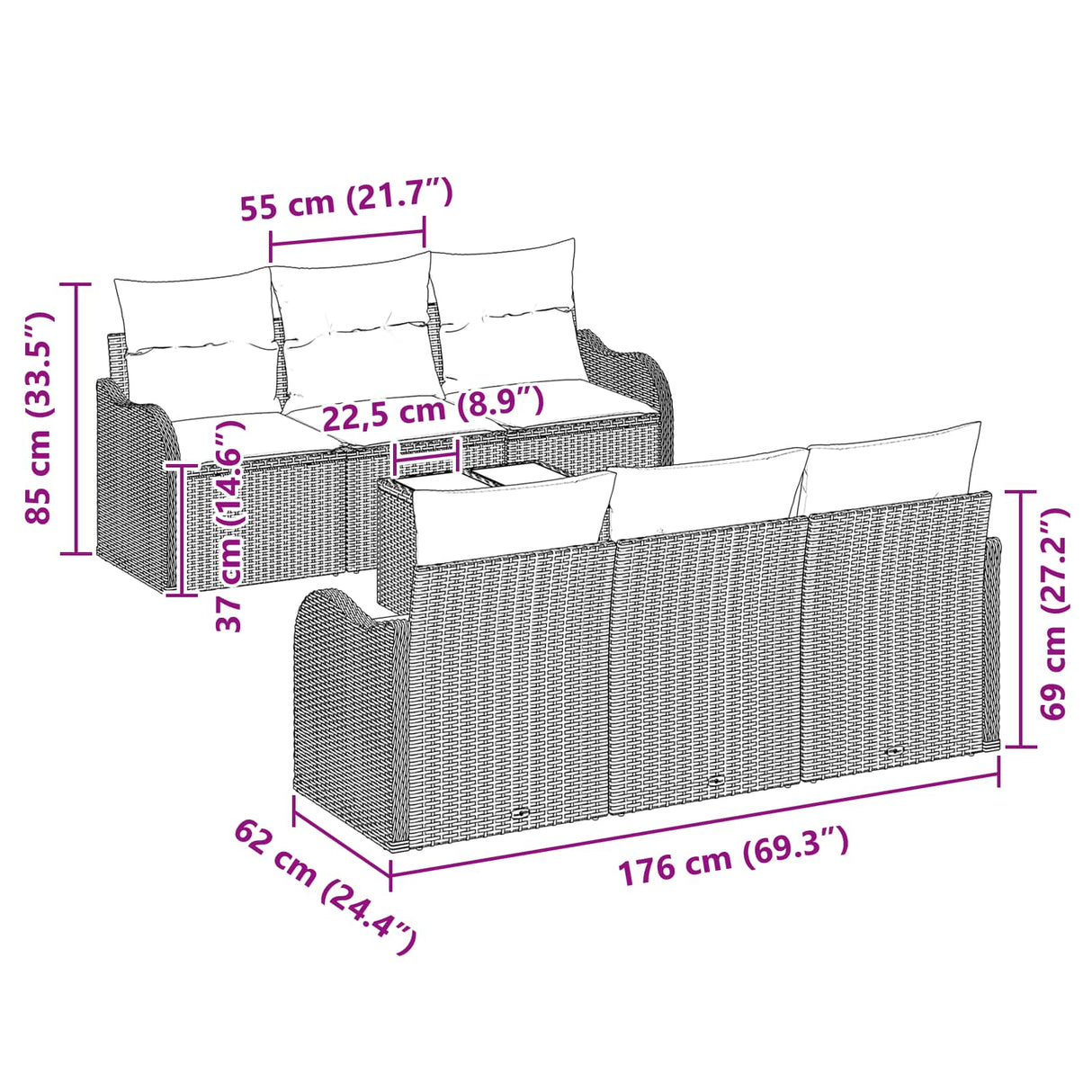 vidaXL Tuinbank Set Grijs 55 x 55 x 37 cm poly rattan