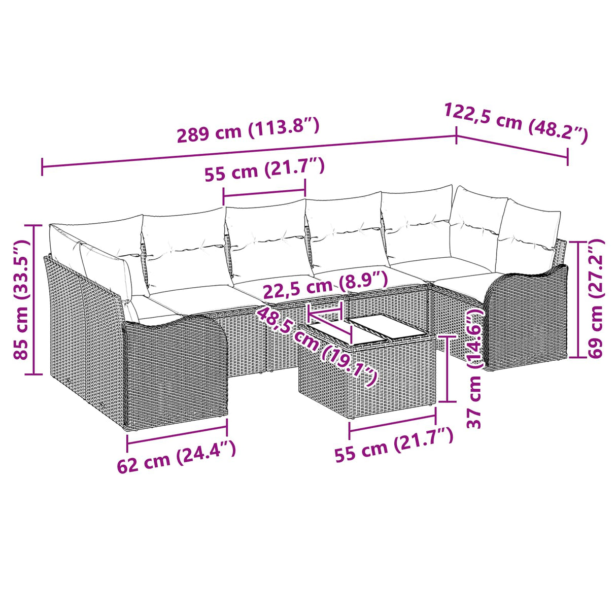 vidaXL Bankstel 8 st 7-Aantal zitplaatsen Grijs poly rattan