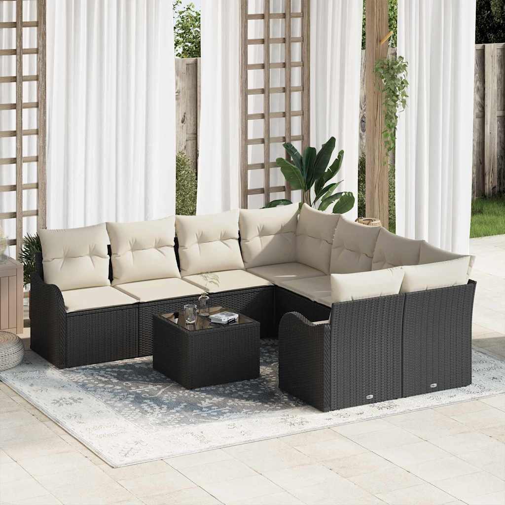 vidaXL Tuinbank Set met kussen met opslag 9 pcs Zwart poly rattan