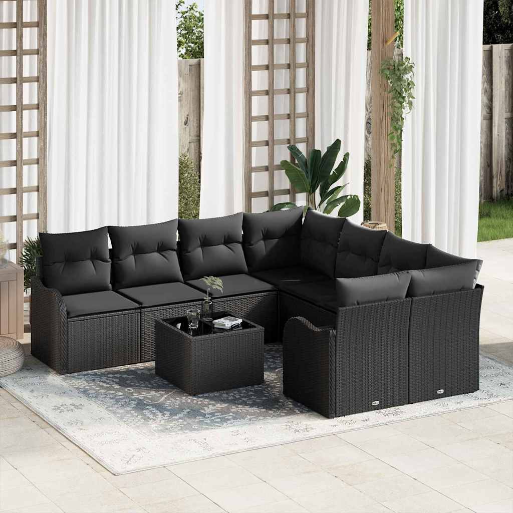 vidaXL Tuinbank Set met kussen met opslag 9 pcs Zwart poly rattan