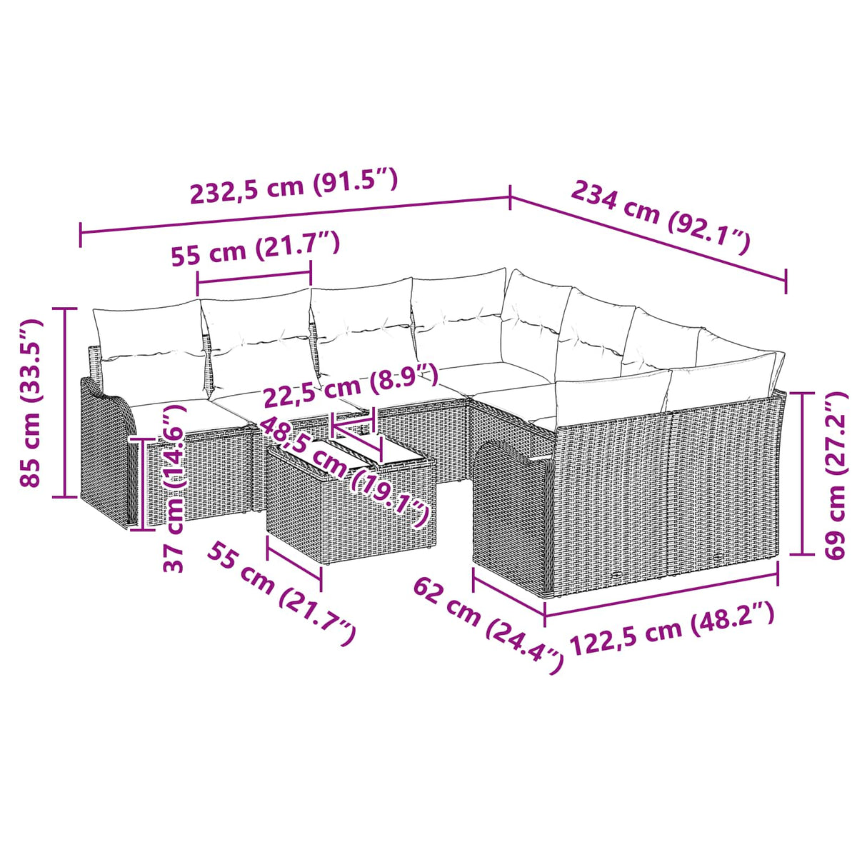 vidaXL Tuinbank Set met kussen met opslag 9 pcs Bruin poly rattan