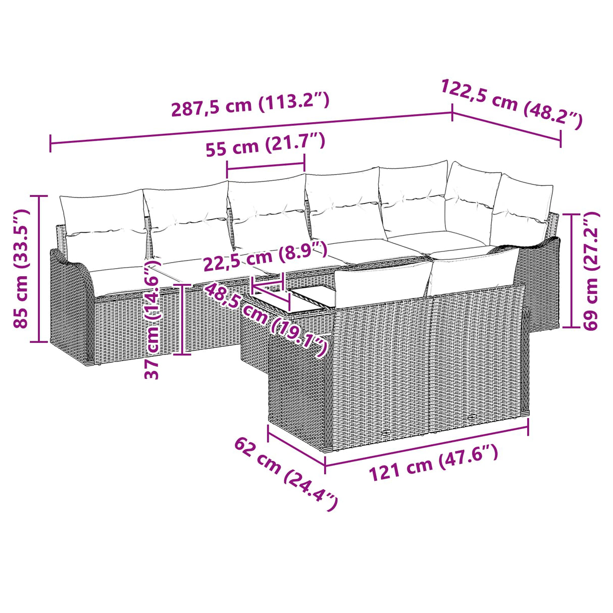 vidaXL Garden Lounge Set 8 Pieces Grey Poly Rattan
