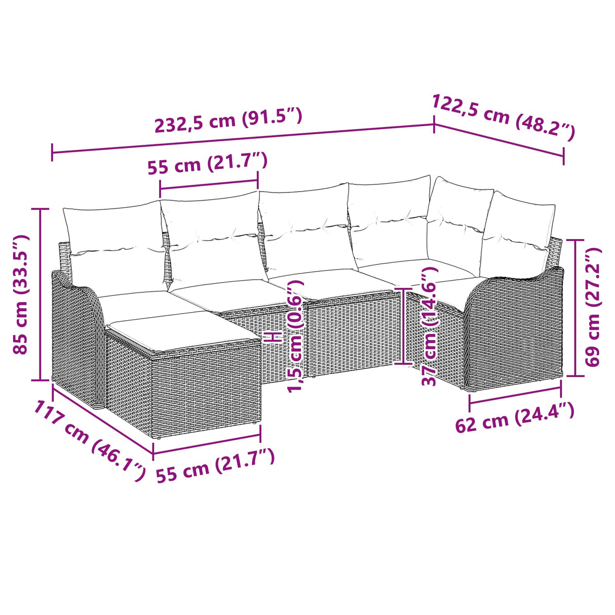 vidaXL Tuinbank Set 6 pcs Bruin poly rattan